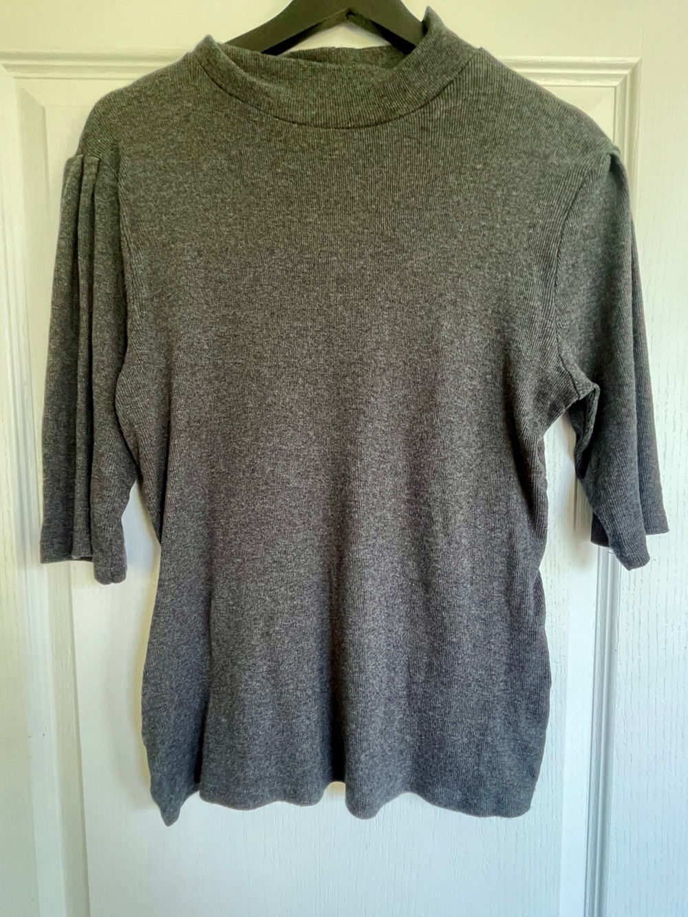 Charcoal Mock Neck Knit Top with Subtle Puff Sleeve